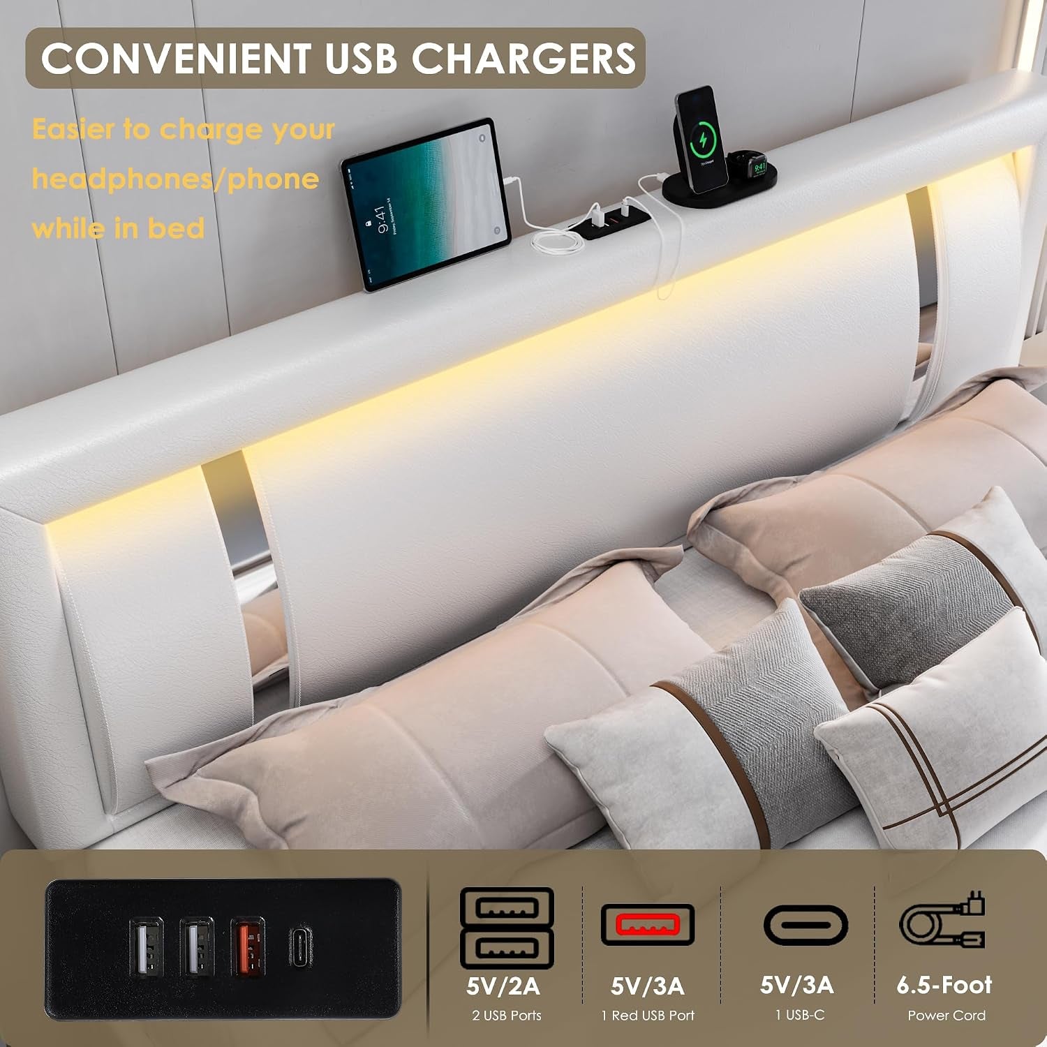 King Size Bed Frame with RGB LED Lights & 2 Storage Drawers, Modern Upholstered Platform Bed with Iron Metal Decor, USB Charging Ports, White
