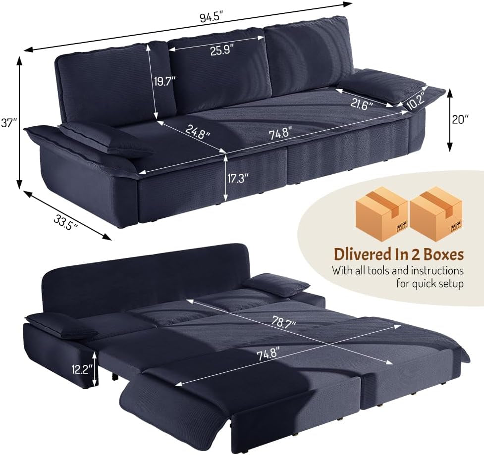 94.5'' King Size Pull Out Sleeper Sofa, 3-In-1 Convertible Futon Couch with Cloud Comfort, Corduroy Reclining Loveseat Sofa for Office, RV, Home Theater