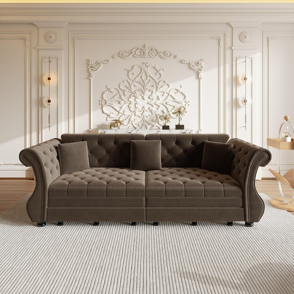 Sleeper Sofa Bed 97.6", Velvet Pull Out Couch, Chesterfield Sofa, Brown