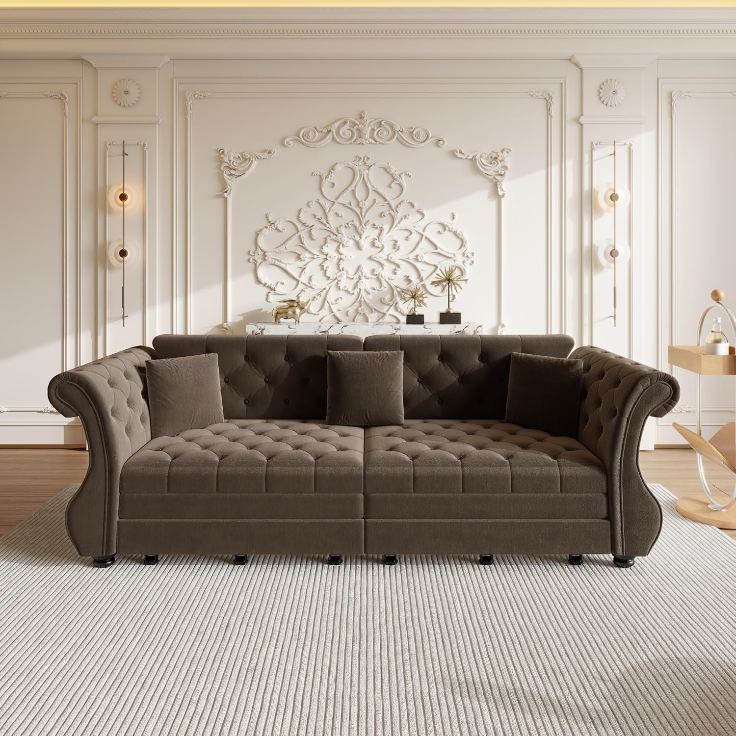 Sleeper Sofa Bed 97.6", Velvet Pull Out Couch, Chesterfield Sofa, Brown