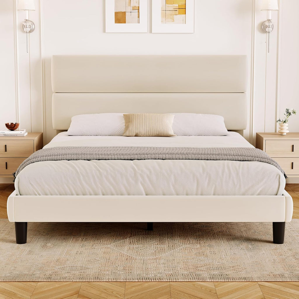 Queen Size Platform Bed Frame with Velvet Headboard, Adjustable Height Wooden Slats Support, Upholstered Mattress Foundation, Fits Mattress or Mattress with Box Spring, Easy Assembly, Beige