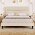 Queen Size Platform Bed Frame with Velvet Headboard, Adjustable Height Wooden Slats Support, Upholstered Mattress Foundation, Fits Mattress or Mattress with Box Spring, Easy Assembly, Beige