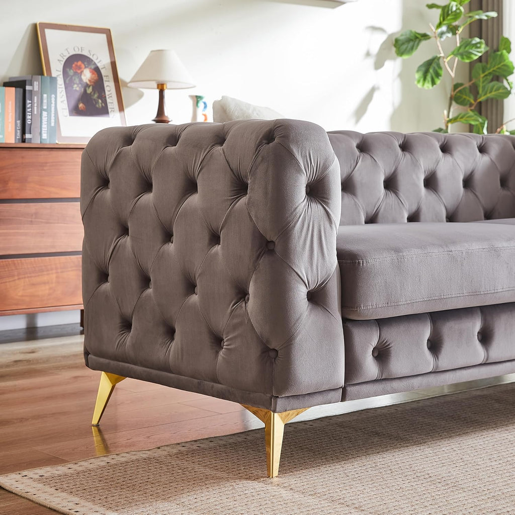 2-Piece Luxury Chesterfield Sofa Set with 2 Velvet 3-Seater Sofa, Mid-Century 6-Seater Tufted Buttons Couch Set with 4 Pillows & High-Density Foam Cushions, Easy Assembly, for Living Room, Grey