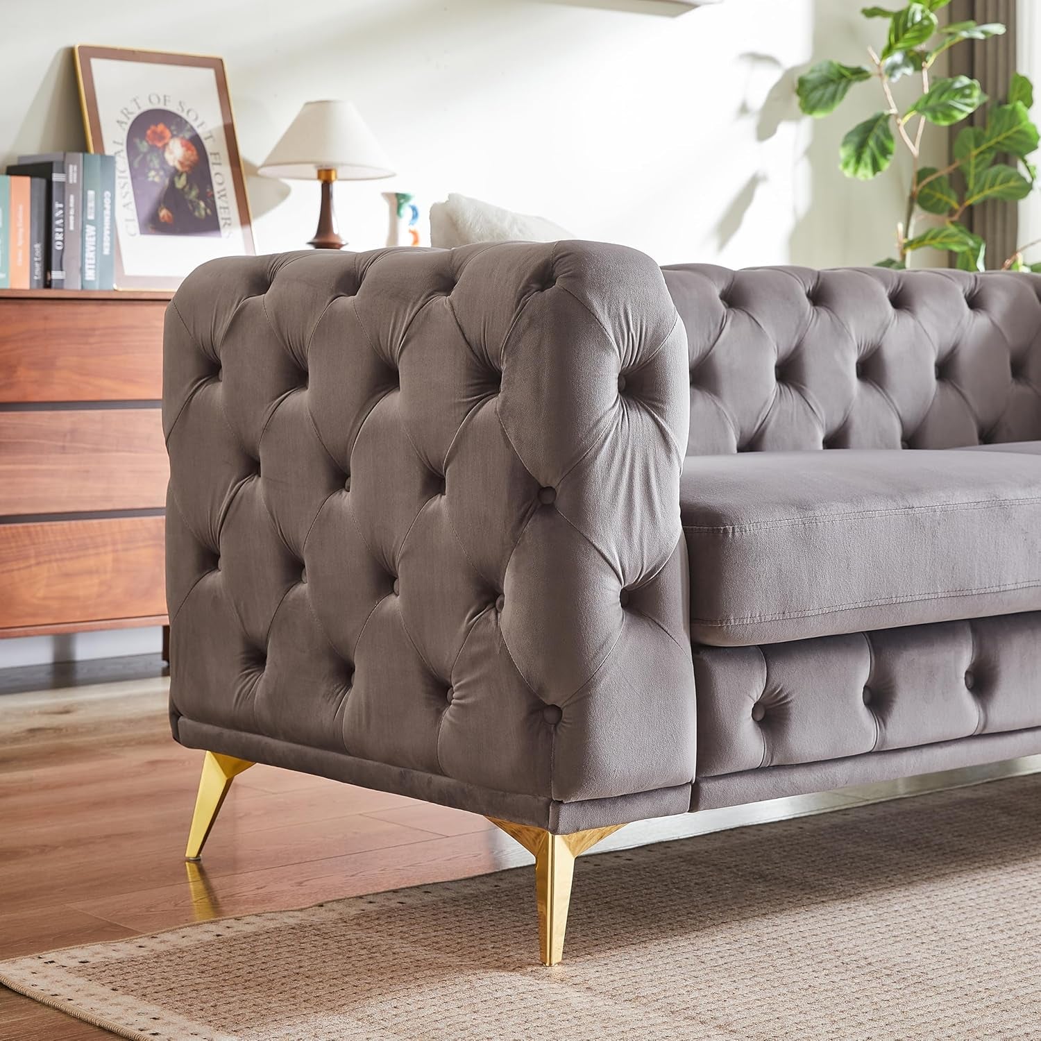2-Piece Luxury Chesterfield Sofa Set with 2 Velvet 3-Seater Sofa, Mid-Century 6-Seater Tufted Buttons Couch Set with 4 Pillows & High-Density Foam Cushions, Easy Assembly, for Living Room, Grey