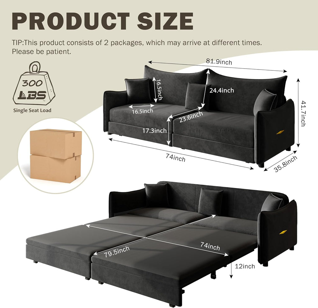 81.9" Sleeper Sofa, 3-In-1 Pull Out Couch Bed with Premium Velvet Upholstery, Perfect for Movie Nights, Overnight Guests, and Modern Home Decor