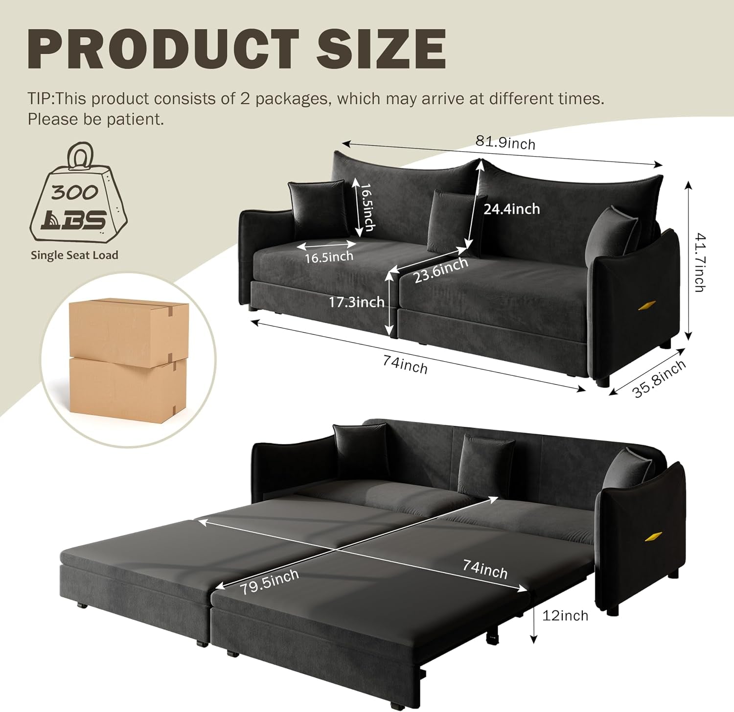 81.9" Sleeper Sofa, 3-In-1 Pull Out Couch Bed with Premium Velvet Upholstery, Perfect for Movie Nights, Overnight Guests, and Modern Home Decor
