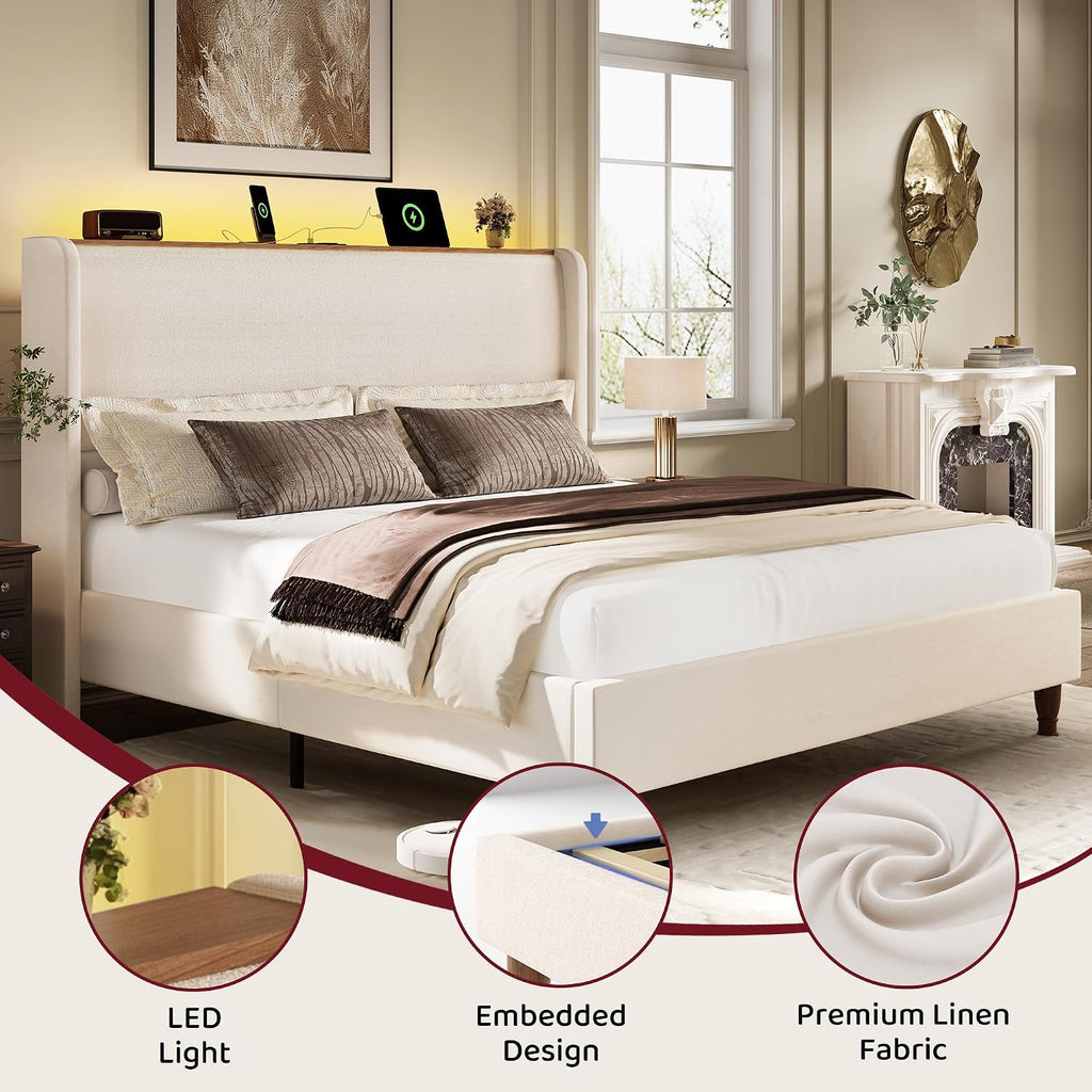 Queen Size Bed Frame with 51.2" Tall Headboard Wingback Linen Upholstered Platform Bed Frame with LED Lights and Charging Station, Storage Shelf, No Box Spring Needed, Noise-Free, Beige
