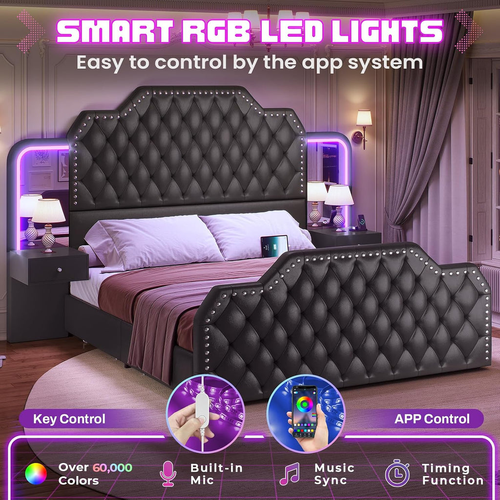 Queen Bed Frame with 53" Tall Headboard and 4 Storage Drawers, PU Leather Upholstered Platform Bed Frame, Built in Charging Station & Led, 2 Nightstands with Mirror, Black