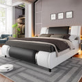 Modern Queen Size Bed Frame with Mirror Metal Decoration, Faux Leather Upholstered Platform Bed with Curved Headboard, Wooden Slats Support, No Box Spring Needed, Whiteblack