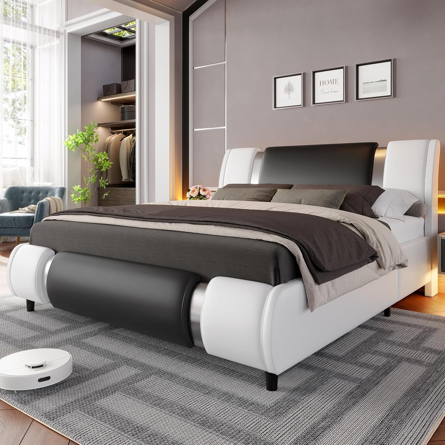 Modern Queen Size Bed Frame with Mirror Metal Decoration, Faux Leather Upholstered Platform Bed with Curved Headboard, Wooden Slats Support, No Box Spring Needed, Whiteblack