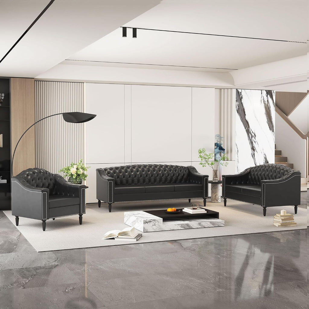 3-Piece Living Room Sofa Set, Chesterfield Sofa Mid-Century Modern PU Sofa, Upholstered Couch with Nailhead Trim and Button Tufted for Living Room, Office, Bedroom (1+2+3 Seat Black)
