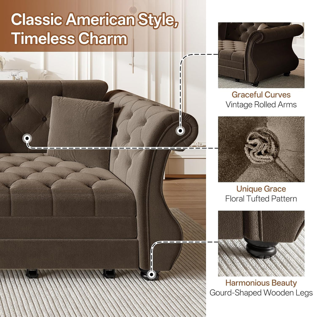 Sleeper Sofa Bed 97.6", Velvet Pull Out Couch, Chesterfield Sofa, Brown