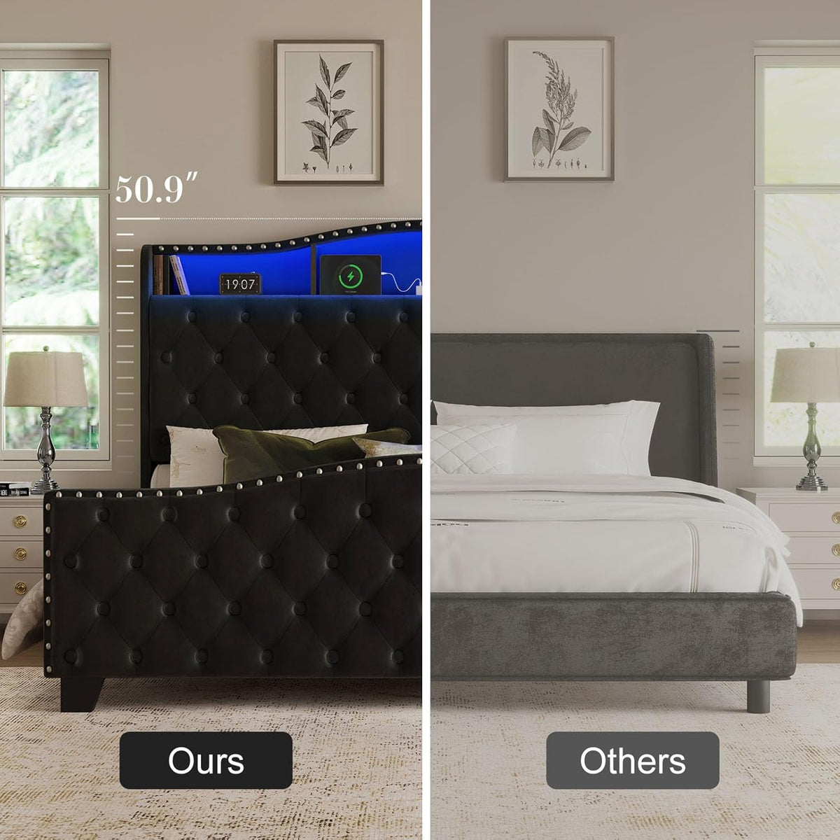 Platform Bed Frame with 50.9" LED Headboard, Queen Black