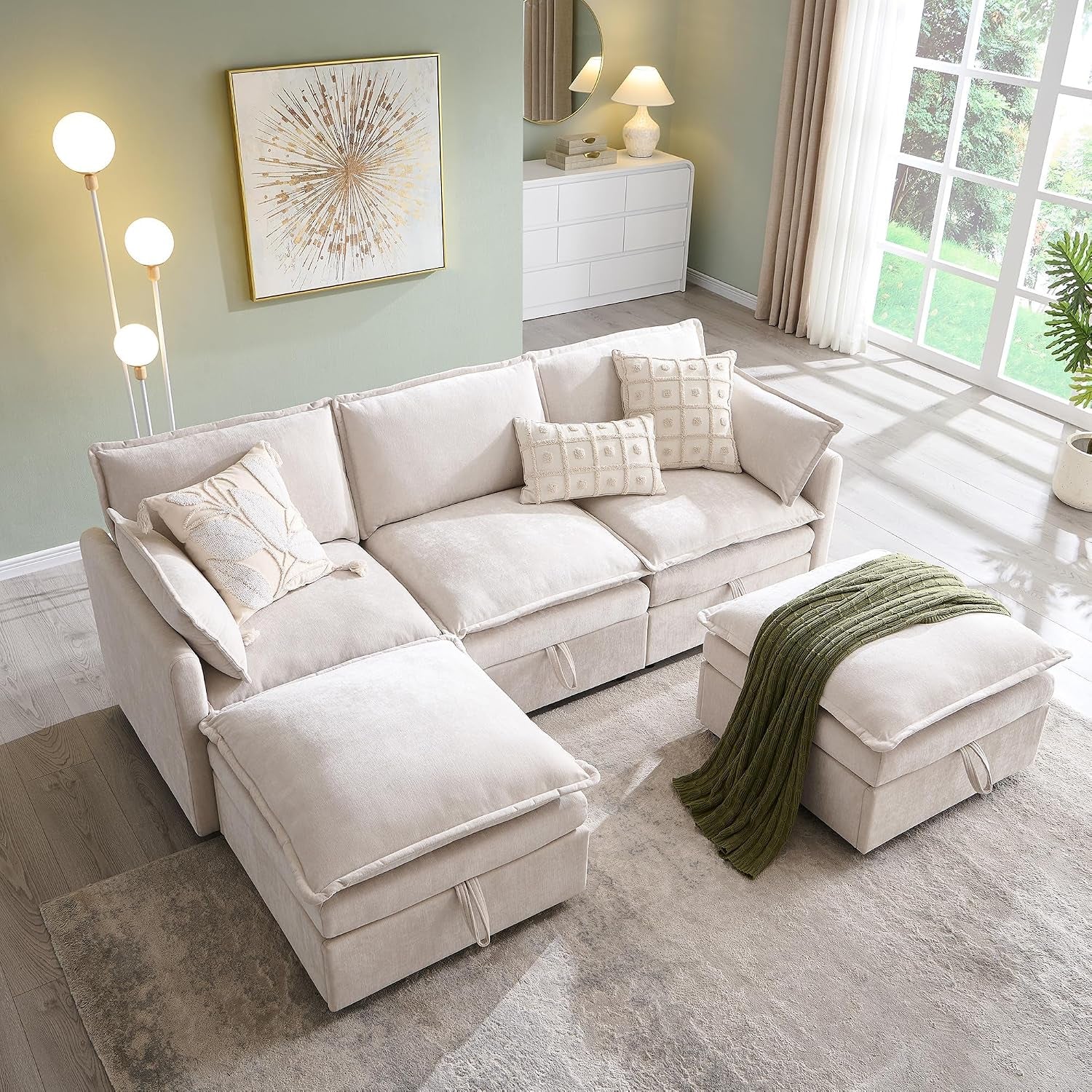 85.83" Modular Sectional Cloud Couches for Living Room, Modern Sectional Sofa with Storage Ottoman, U-Shape 5 Seat Chenille Cloud Sofa with Pillows for Bedroom and Apartment, Beige