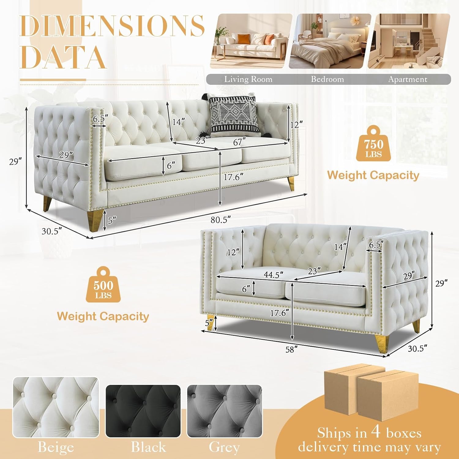 Chesterfield Sofa Set of 2, Modern Velvet Couch with Button Tufted & Nailhead Trim, Upholstered Deep Seat Couch, Comfy Sofa for Living Room, Bedroom, Apartment, Office(58" W + 80.5" W, Beige)