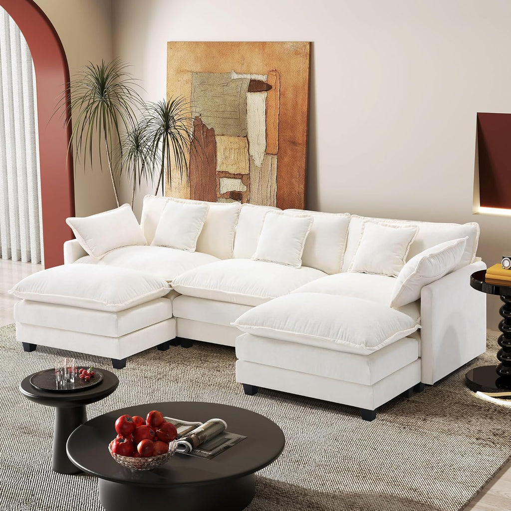 Modular Sectional Sofa,Cloud Couch for Living Room,Modern Deep Seat Sofa Chenille Fabric Comfy Couches with Throw Pillows & Movable Ottoman for Apartment