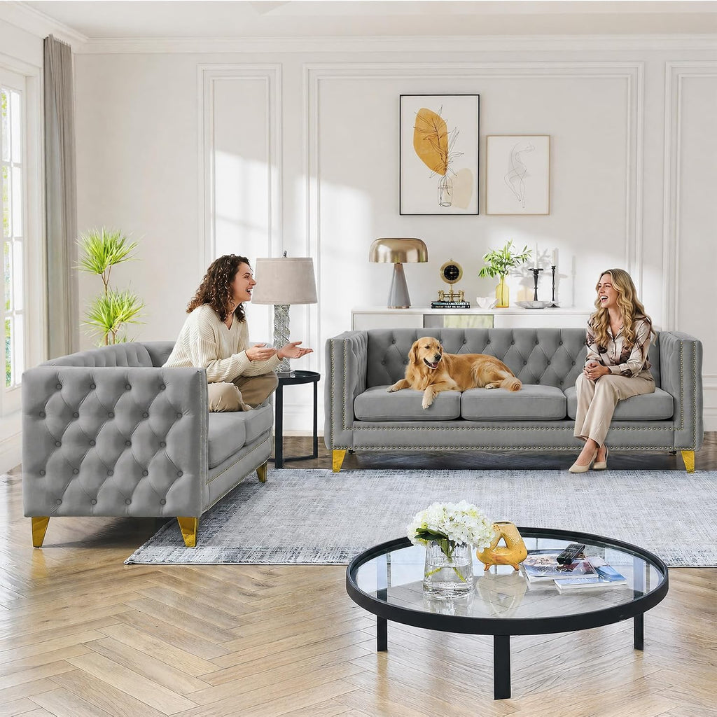 2 Piece Chesterfield Sofa, Velvet Couch and Loveseat Sets with Buttons Tufted, Mid Century Modern Couch with Nailhead Trim & Armrest, Couches for Living Room, Bedroom, Apartment(Grey,58''W+80.5''W)
