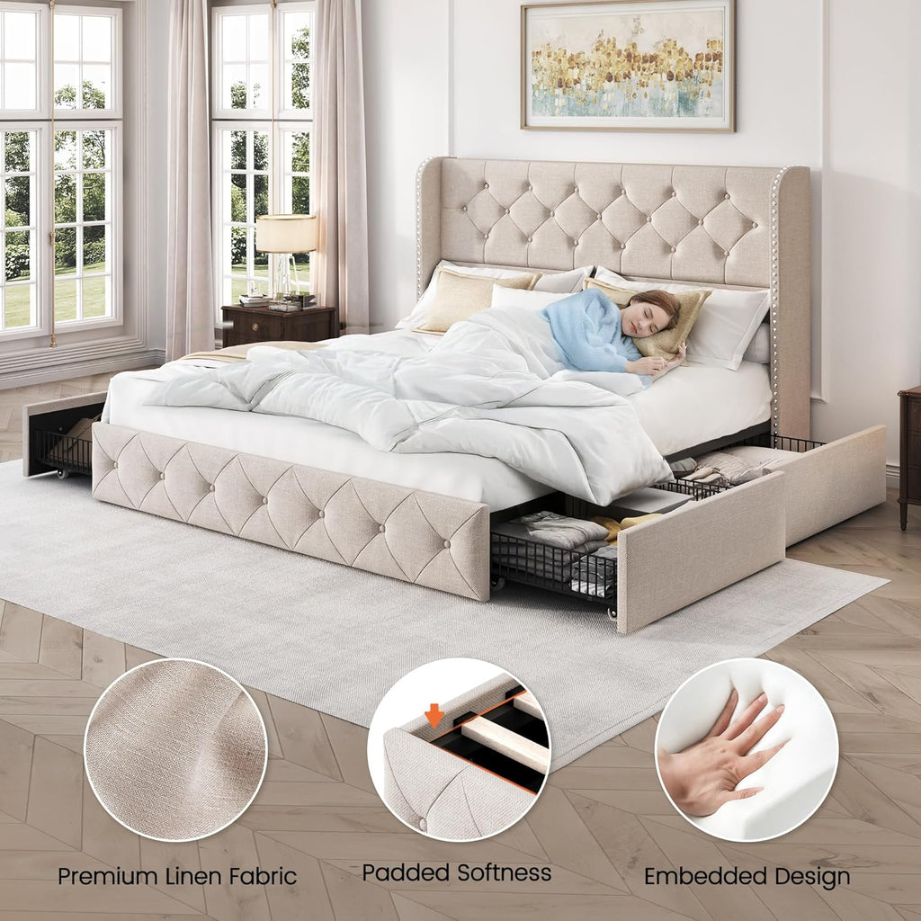 Queen Size Bed Frame with 4 Storage Drawers and 47.2" Tall Tufted Headboard Linen Upholstered Platform Bed Frame Wingback Beds with Wooden Slats Support, Easy Assembly, Beige