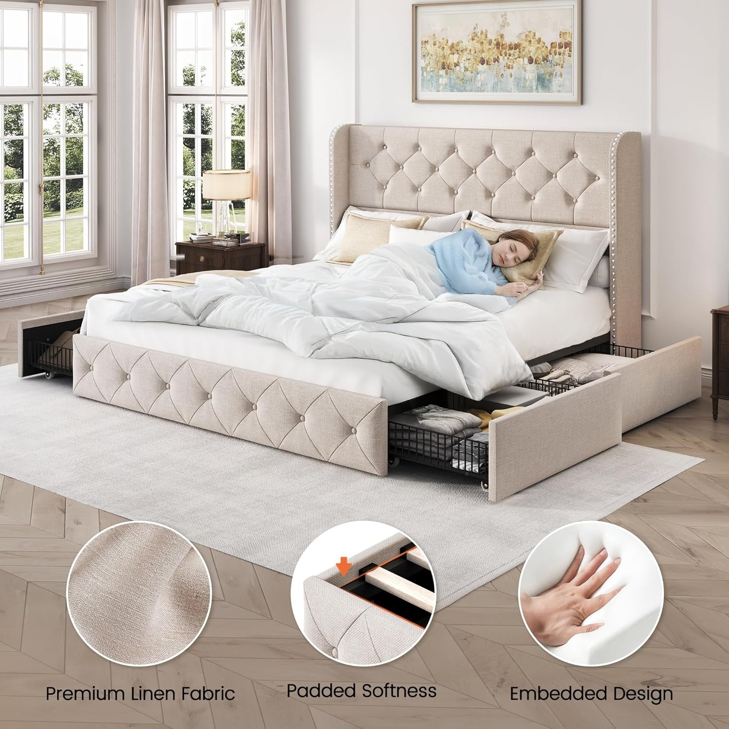 Queen Size Bed Frame with 4 Storage Drawers and 47.2" Tall Tufted Headboard Linen Upholstered Platform Bed Frame Wingback Beds with Wooden Slats Support, Easy Assembly, Beige