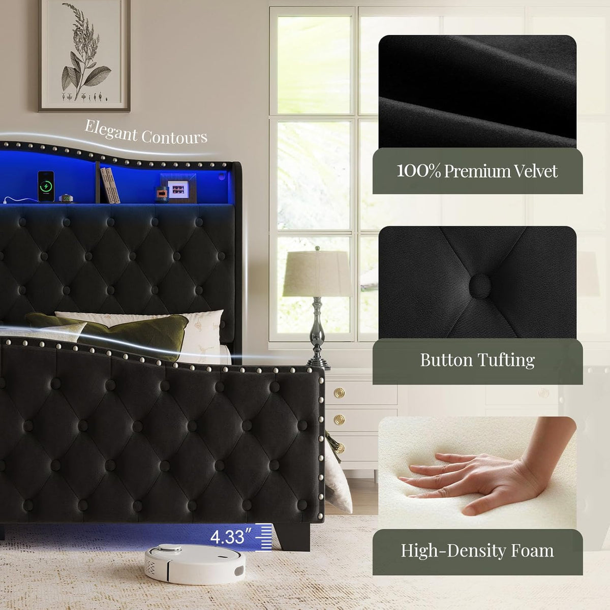 Platform Bed Frame with 50.9" LED Headboard, Queen Black