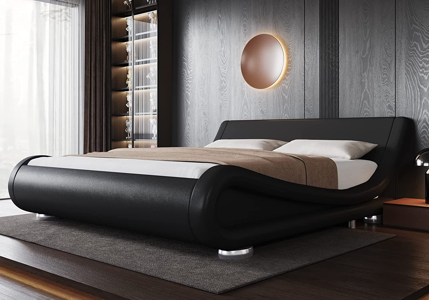King Upholstered Sleigh Bed Frame with Adjustable Headboard, Black