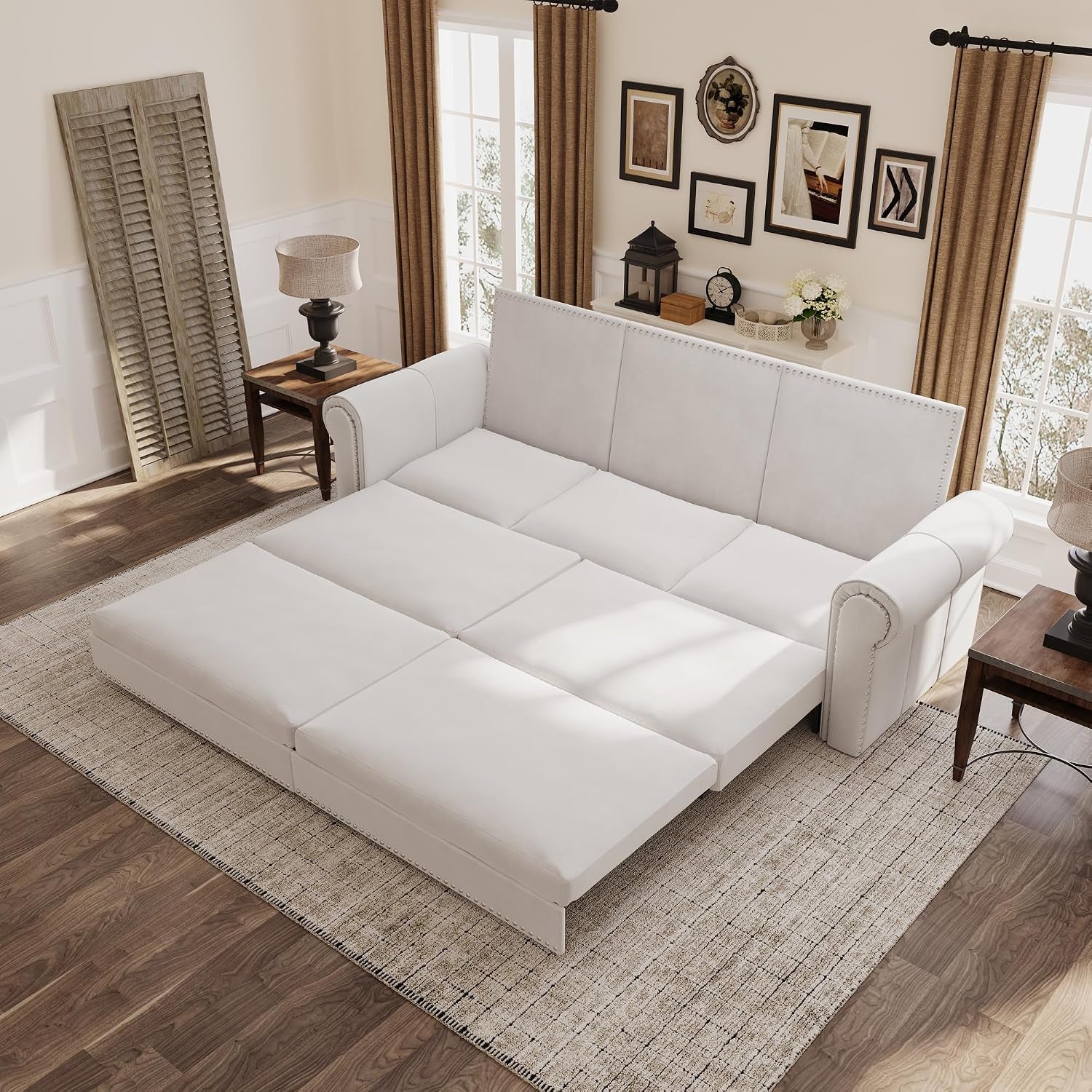 3 in 1 Convertible Sleeper Sofa Bed, 93.7" King Size Sofa Sleeper with Pull Out Bed, Velvet Folding Loveseat Sofa 3-Seater with Deep Seat, Nailhead Trim & Rolled Arm for Living Room (Beige)