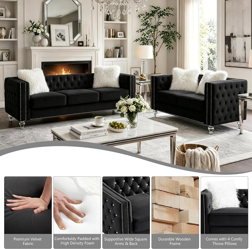 2 Piece Chesterfield Sofa Couch Set for Living Room,Luxury Crystal Button Tufted Sofas with Silver Nailhead Trim Set of 2,Including a Loveseat and a 3 Seater Sofa for Apartment,Velvet Black