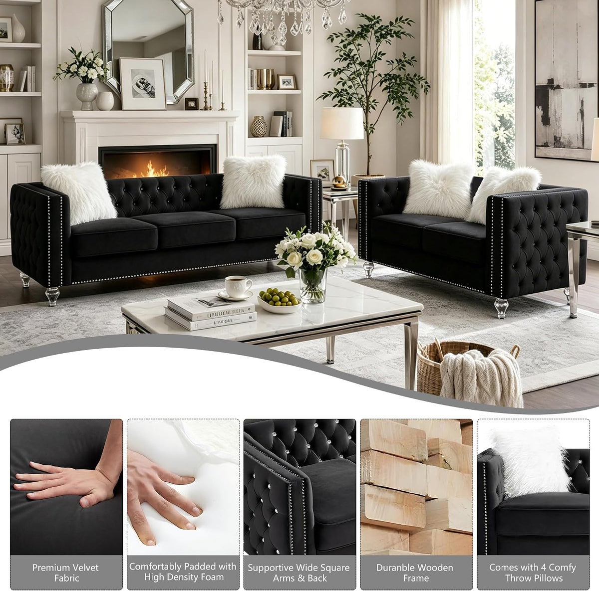 2 Piece Chesterfield Sofa Couch Set for Living Room,Luxury Crystal Button Tufted Sofas with Silver Nailhead Trim Set of 2,Including a Loveseat and a 3 Seater Sofa for Apartment,Velvet Black
