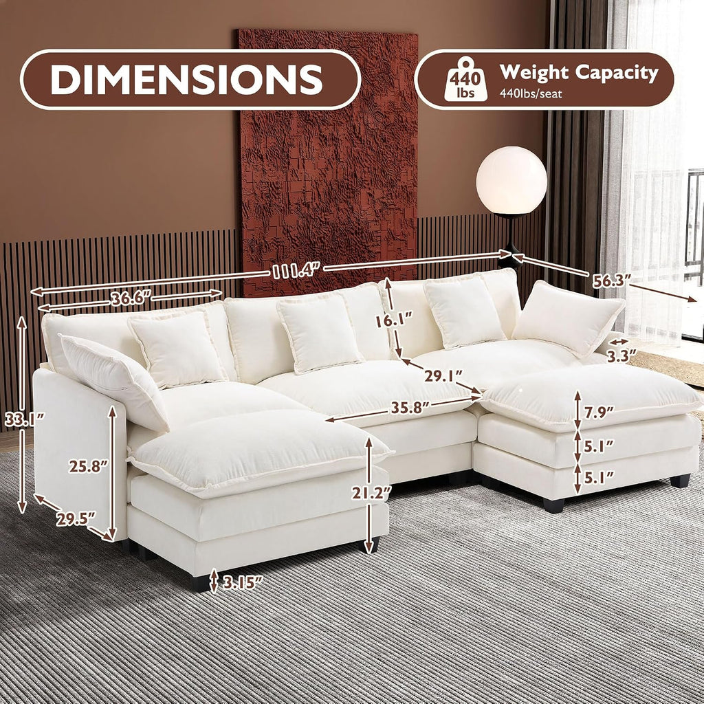 111.4" U Shaped Cloud Couch Modern Modular Sectional Sofa with 2 Ottoman, 5-Seat Chenille Deep Seat Sofa with 5 Pillows for Living Room, Bedroom and Apartment, Beige