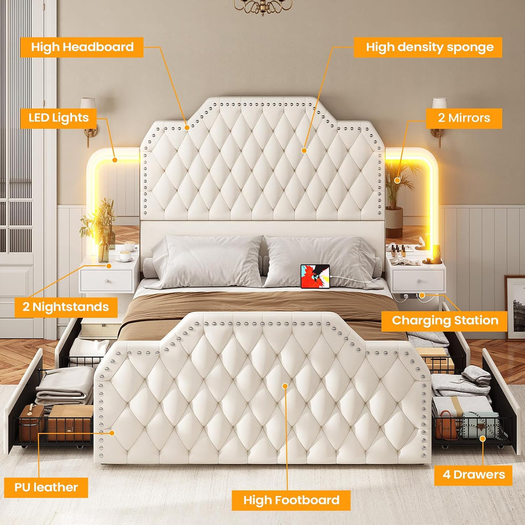 Queen Bed Frame with 53" Tall Headboard and 4 Storage Drawers, PU Leather Upholstered Platform Bed Frame, Built in Charging Station & Led, 2 Nightstands with Mirror, White