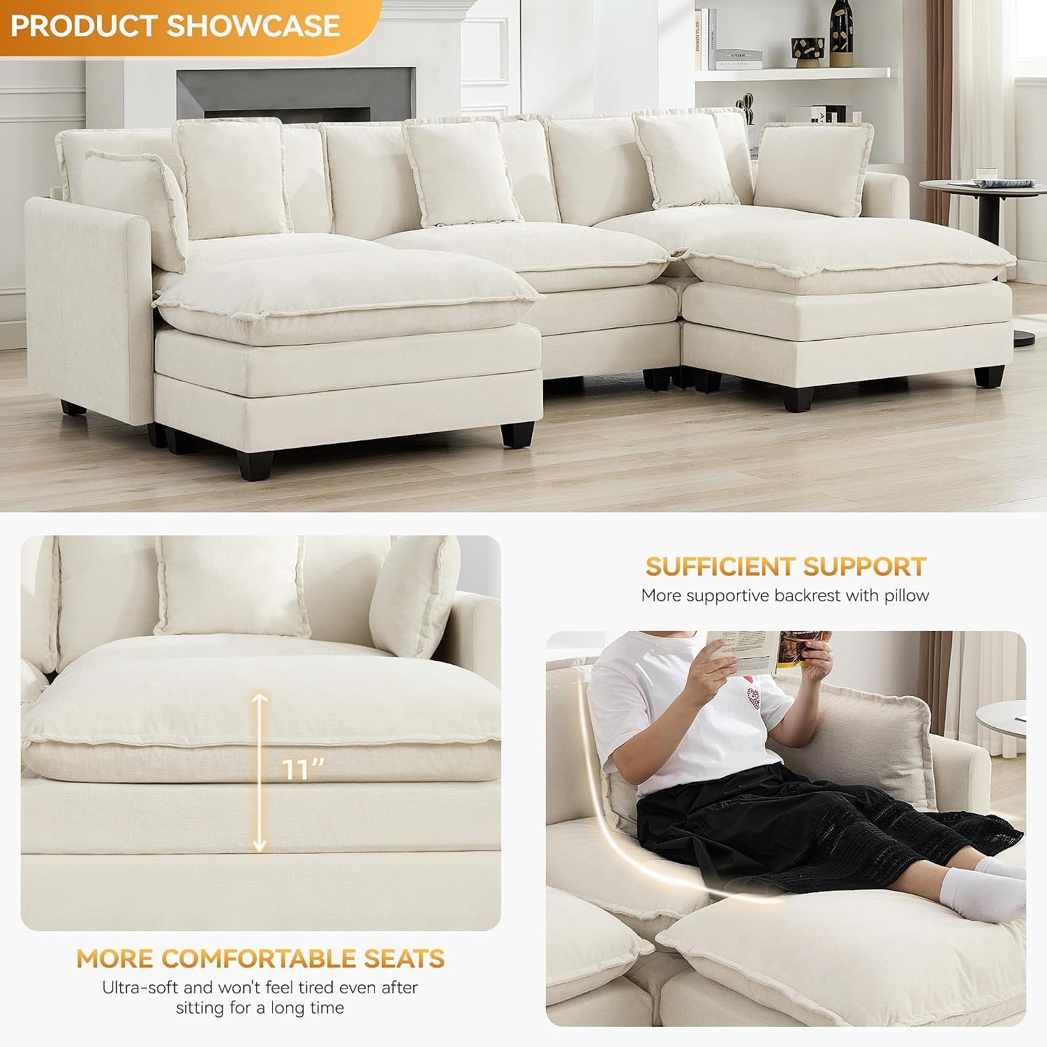 111'' Sectional Cloud Deep Seat Couch, Oversized Chenille U Shaped Sectional Sofa for Living Room Set, Comfy Upholstered Modular 5-Seats Sectional Sofa Couch with 2 Movable Ottoman, Beige