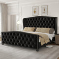 Queen Size Bed Frame Velvet Upholstered Platform Bed with Wingback Headboard & Footbaord, Deep Button Tufted Bed Frame with Wood Slats Support, No Box Spring Needed, Black