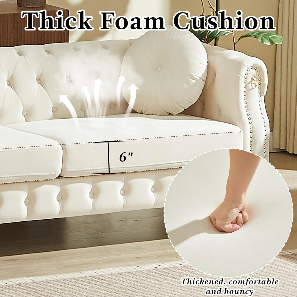 2 Pieces Velvet Chesterfield 82" 3-Seater and 61" Loveseat Sofa Sets with Two Pillows, Featuring Copper Stud Detailing (Beige, 2 Pieces 82" 3-Seater and 61" Loveseat Sofa Sets)