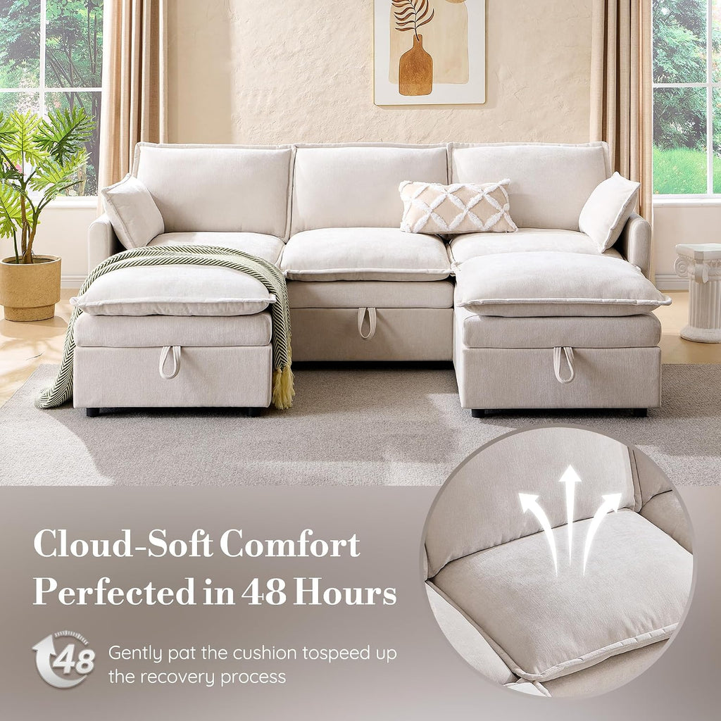 85.83" Modular Sectional Cloud Couches for Living Room, Modern Sectional Sofa with Storage Ottoman, U-Shape 5 Seat Chenille Cloud Sofa with Pillows for Bedroom and Apartment, Beige