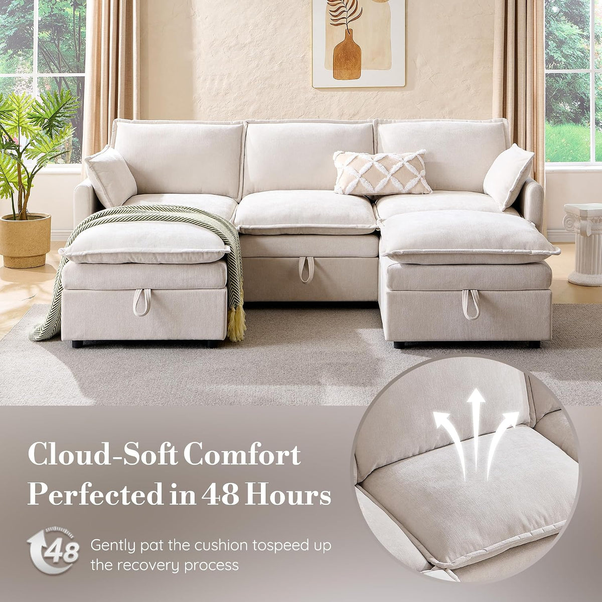 85.83" Modular Sectional Cloud Couches for Living Room, Modern Sectional Sofa with Storage Ottoman, U-Shape 5 Seat Chenille Cloud Sofa with Pillows for Bedroom and Apartment, Beige