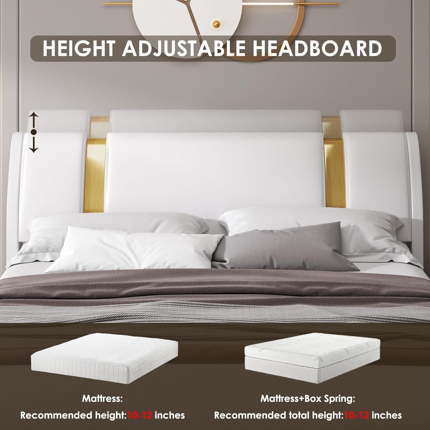 Modern Faux Leather Upholstered Platform Bed Frame with Golden Iron Metal Decor, Adjustable Curved Headboard, Wooden Slats Support, No Box Spring Needed, King Size, White