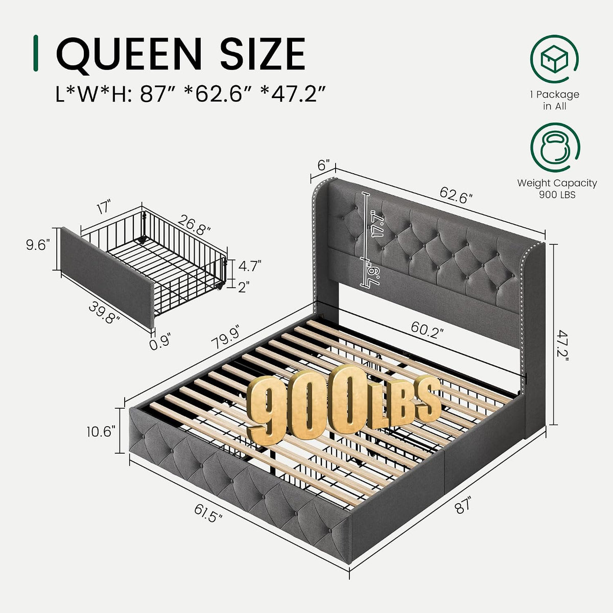 Queen Size Platform Bed Frame with 4 Storage Drawers and 47.2" Tall Tufted Headboard Linen Upholstered Bed Wingback Bed Frame with Wooden Slats Support, Easy Assembly, Light Grey