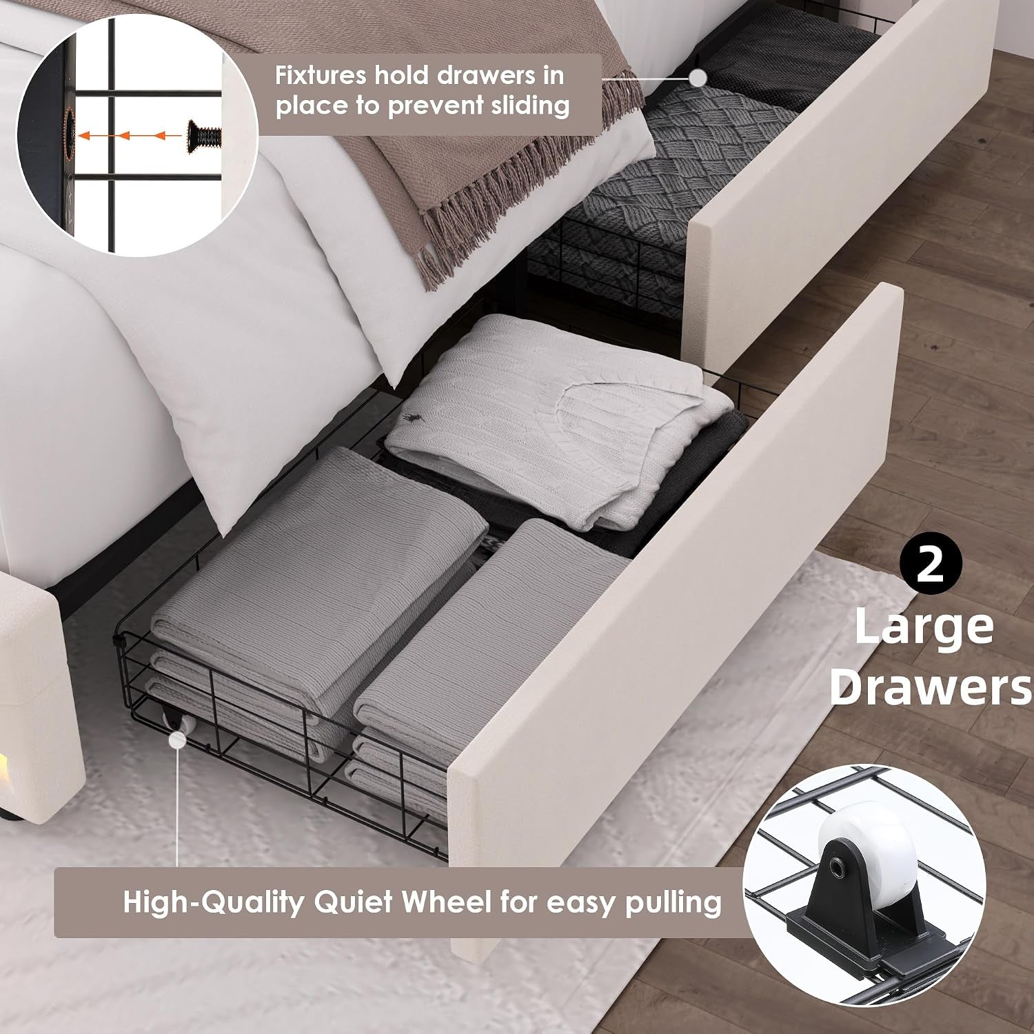 Upholstered Queen LED Bed Frame W/Storage & Charging Headboard, Beige