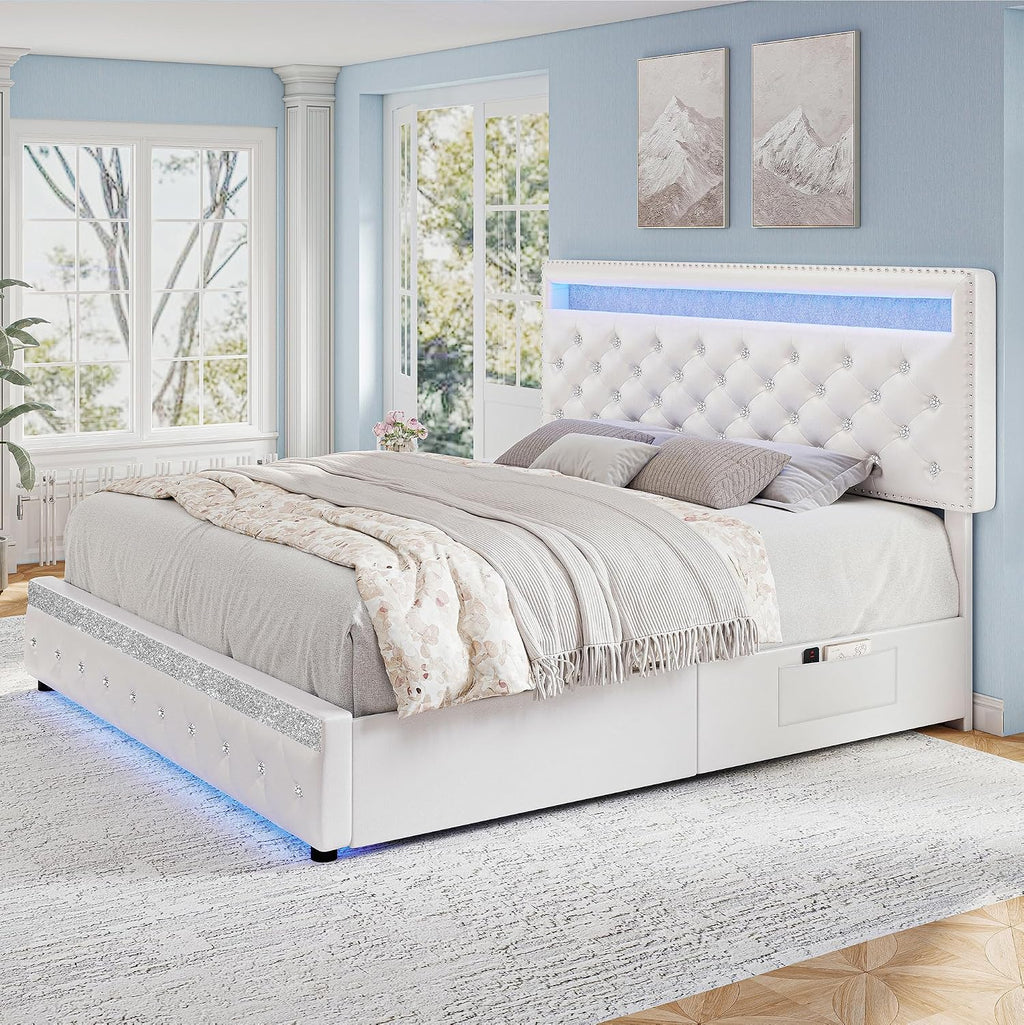 Queen LED Bed Frame with Adjustable Headboard & 2 Drawers, PU White