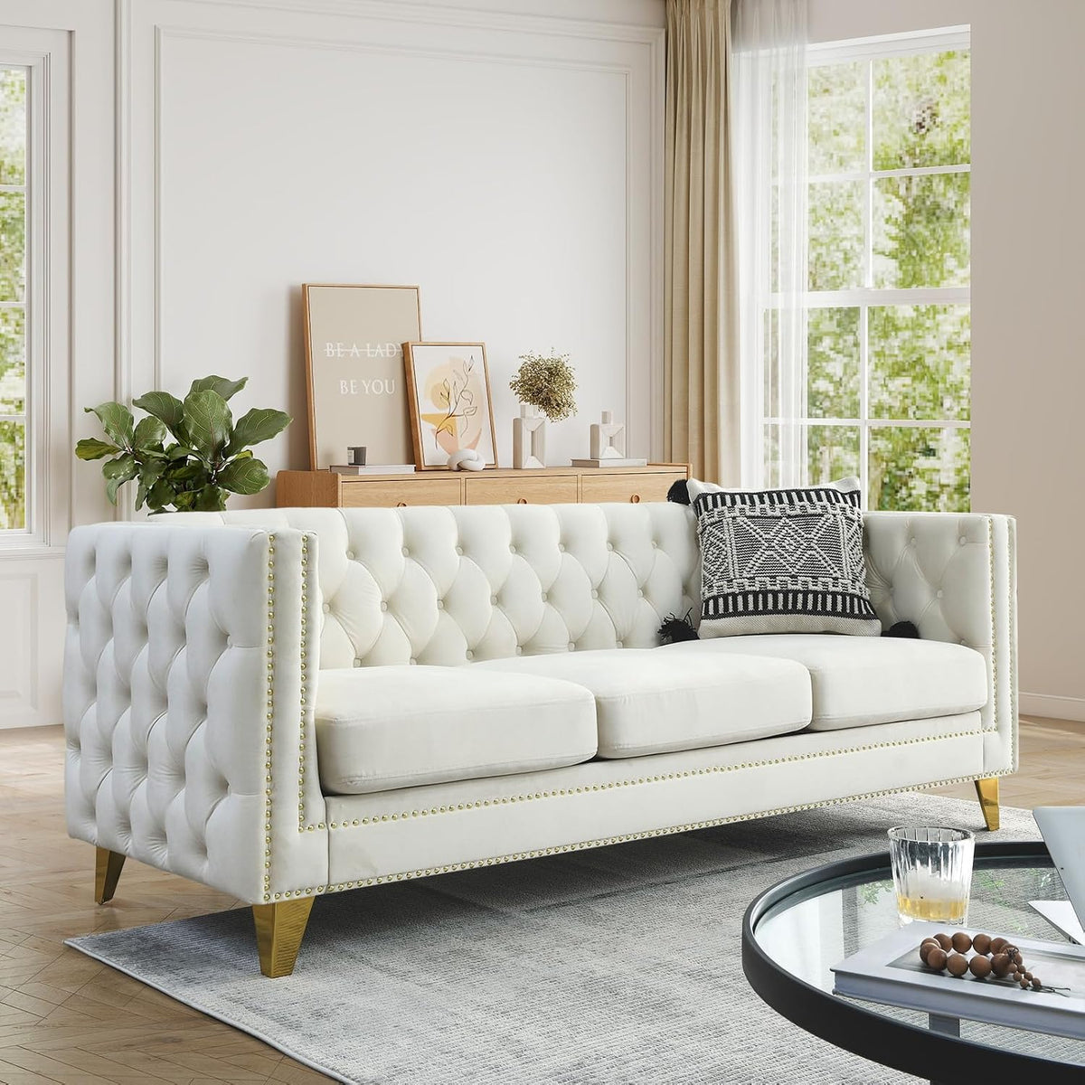 Chesterfield Sofa Set of 2, Modern Velvet Couch with Button Tufted & Nailhead Trim, Upholstered Deep Seat Couch, Comfy Sofa for Living Room, Bedroom, Apartment, Office(58" W + 80.5" W, Beige)