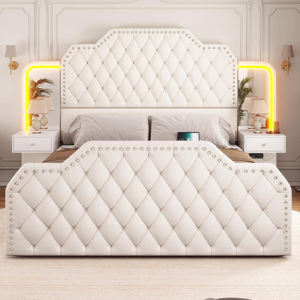 Queen Bed Frame with 53" Tall Headboard and 4 Storage Drawers, PU Leather Upholstered Platform Bed Frame, Built in Charging Station & Led, 2 Nightstands with Mirror, White