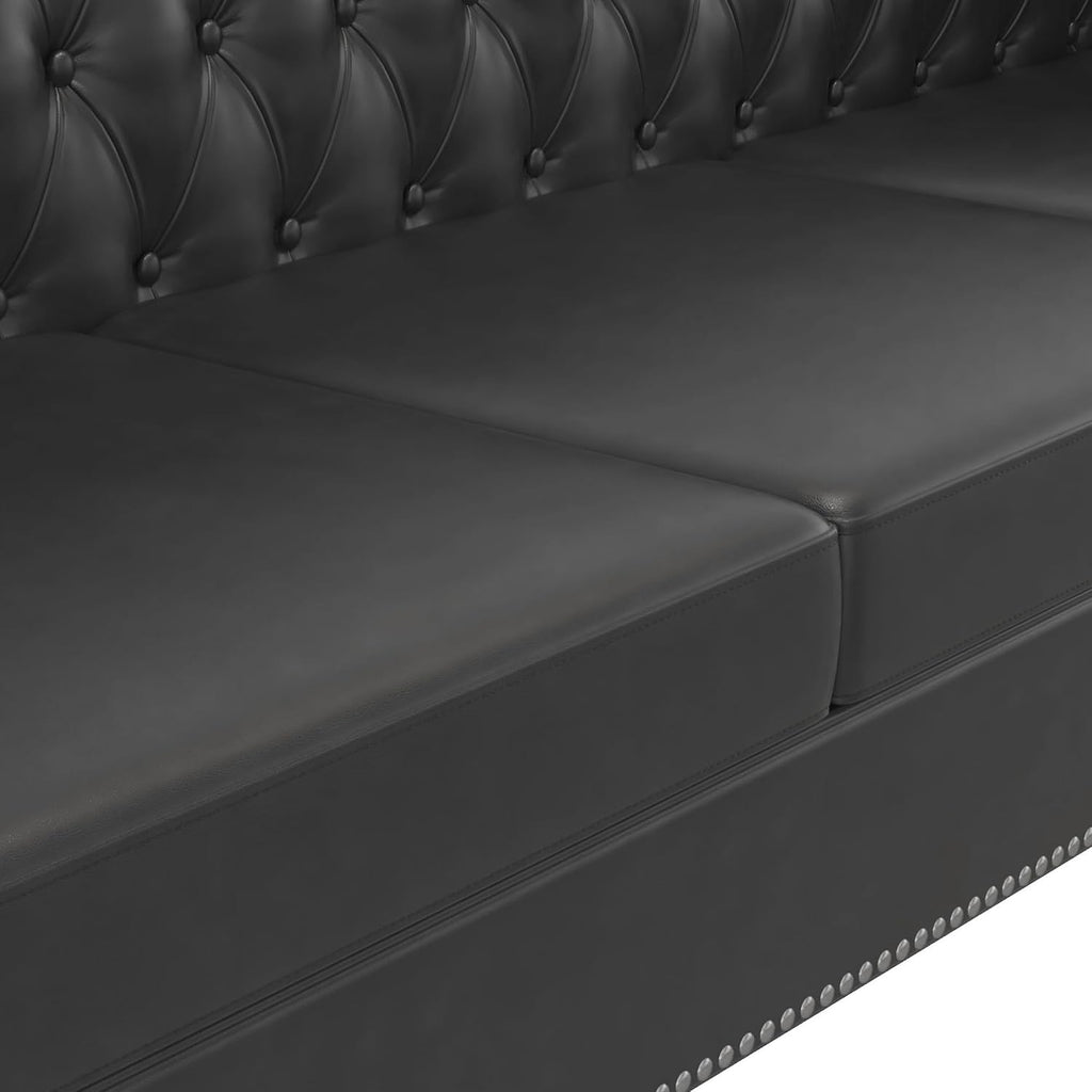 3-Piece Living Room Sofa Set, Chesterfield Sofa Mid-Century Modern PU Sofa, Upholstered Couch with Nailhead Trim and Button Tufted for Living Room, Office, Bedroom (1+2+3 Seat Black)