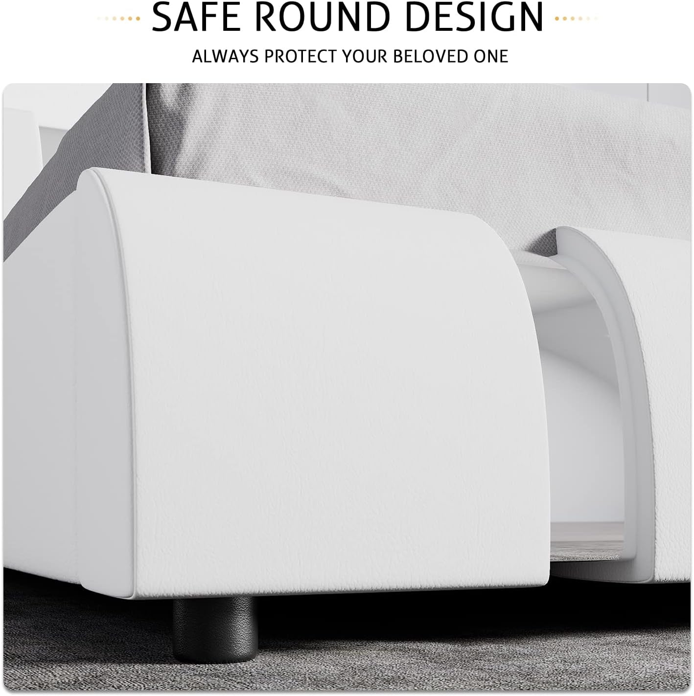 King Bed Frame with Iron Pieces Decor, Faux Leather, White
