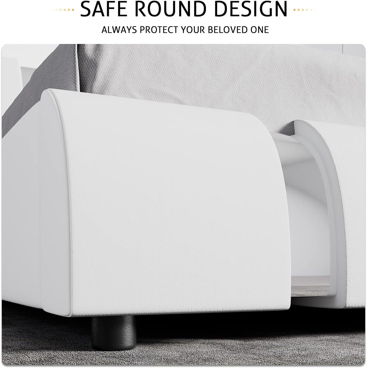 Queen Bed Frame with Iron Pieces Decor, Faux Leather, White