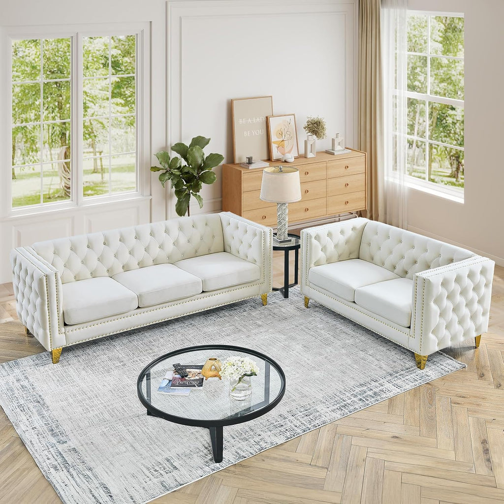 Chesterfield Sofa Set of 2, Modern Velvet Couch with Button Tufted & Nailhead Trim, Upholstered Deep Seat Couch, Comfy Sofa for Living Room, Bedroom, Apartment, Office(58" W + 80.5" W, Beige)