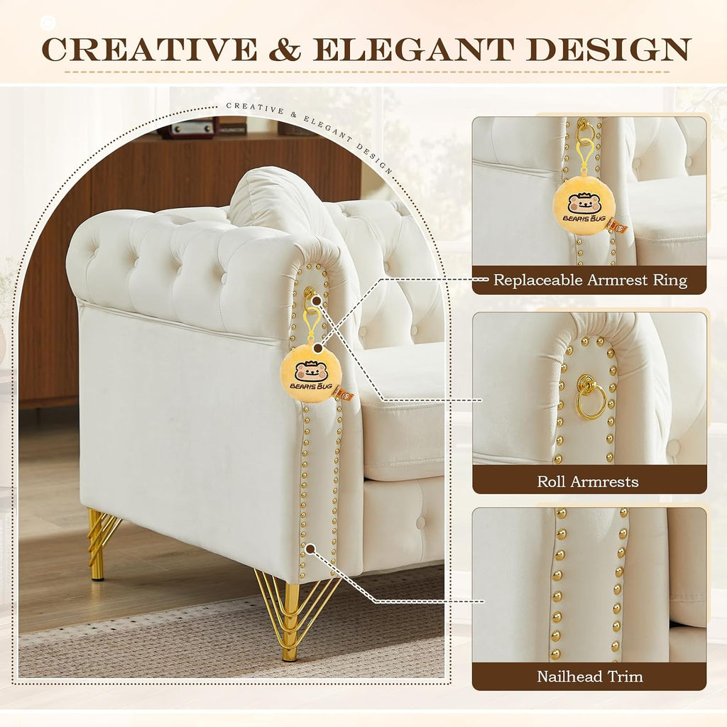 2 Pieces Chesterfield Sofa Set, Velvet Mid Century Modern Couch with Button Tufted & Rivet, Comfy Loveseat Sofa with Armrest Ring & Gold Leg, Cloud 3-Seater Couch for Living Room(60.5"W + 82"W, Beige)