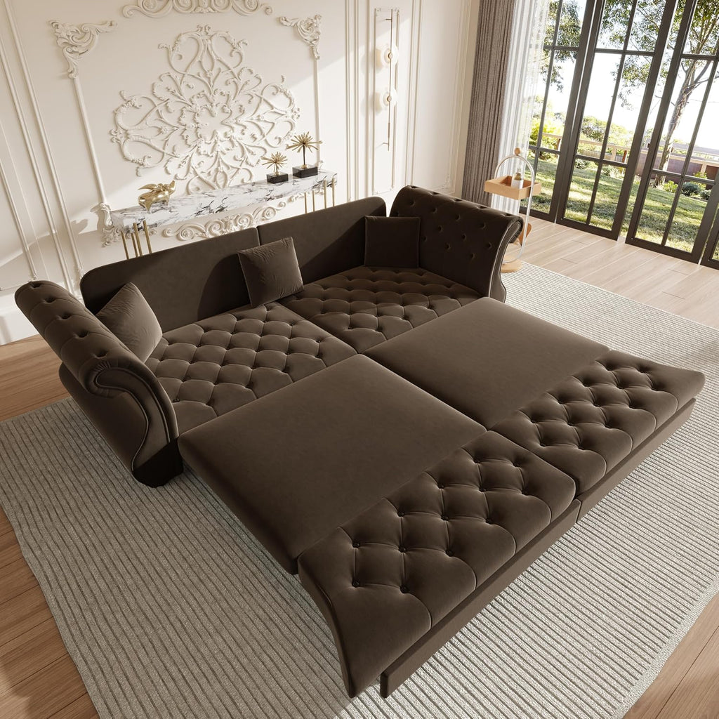 Sleeper Sofa Bed 97.6", Velvet Pull Out Couch, Chesterfield Sofa, Brown