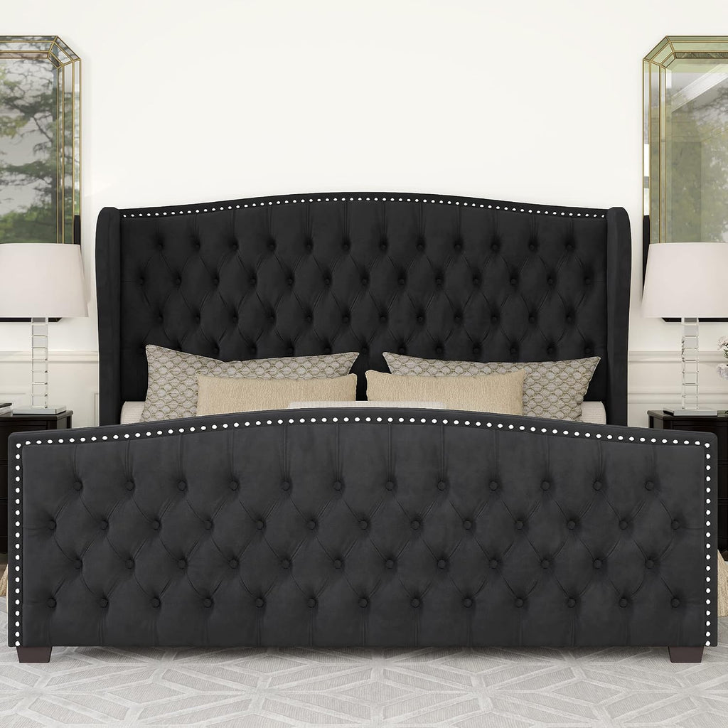 Queen Size Bed Frame with Velvet Upholstered Wingback Headboard