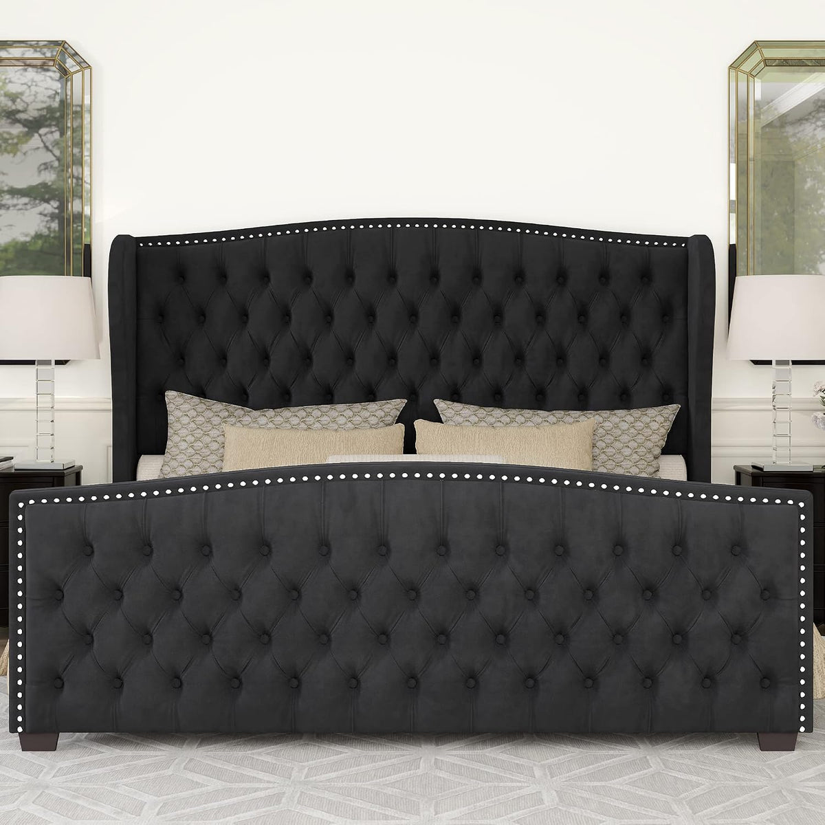 Queen Size Bed Frame with Velvet Upholstered Wingback Headboard