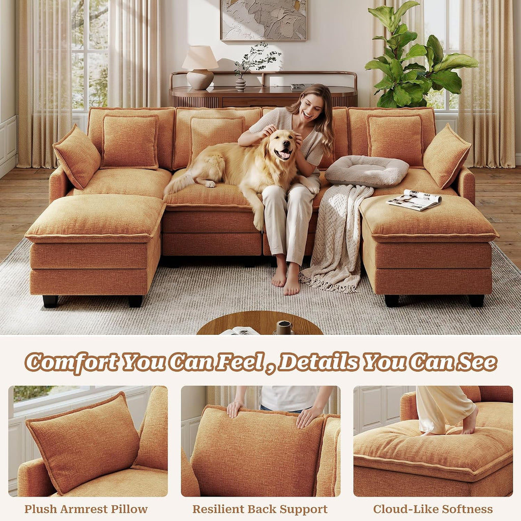 107" Modular Sectional Cloud Sofa, U Shaped 6 Seat Chenille Couch with Movable Ottomans and 48" Deep Seat, Convertible Couches for Living Room, Orange